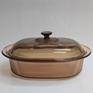 Corning Visions Amber Glass Oval Roaster Casserole Dish 4qt V-34-B Lid MCM Retro
